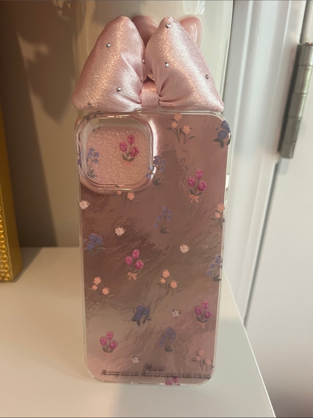 New Pink Foil Floral IPhone 13  Case with Satin Bow
